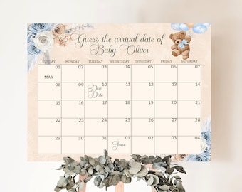 Baby Due Date Calendar Baby Prediction Game Blue Boho Bear Baby Shower Guess Baby's Due Date We Can Bearly Wait Girl Baby Shower TB12