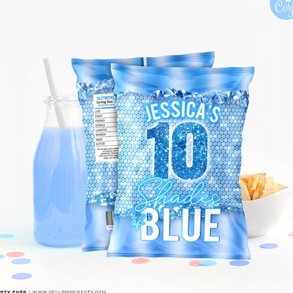 Shades of Blue Birthday chip bag Wrapper, Template Printable, Pink party chip bag, Corjl Editable chip bag, printable template chips wrapper