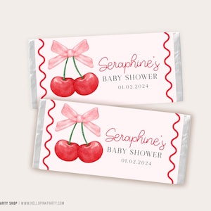 Cherry Baby Shower Candy Bar wrapper Editable template Cherries Baby Shower Cherry on top Girl Shower Pink Bow Instant Download BS220