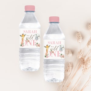 Girl Wild One Safari Birthday water label Jungle Animals Party Favors Flower 1st Birthday Editable Template INSTANT DOWNLOAD WILD005