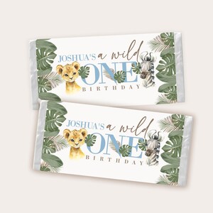 Editable Boho Boy Wild One Safari Birthday Candy bar Jungle Animal Favor Dusty Blue palms 1st Birthday Template Instant download WILD006