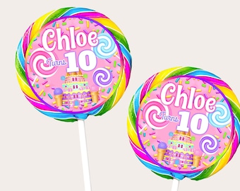 Plantilla de etiqueta para piruleta de cumpleaños de Candyland: Dulces editables (descarga digital)