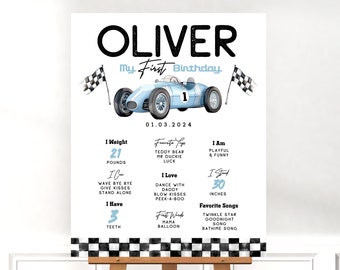 Racing car Milestone Birthday Poster EDITABLE Racecar first Birthday Chalkboard sign Vintage 1st birthday poster Instant Digital download