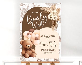 Editable We Can Bearly Wait Baby Shower Welcome Sign, Gender Neutral Bear Balloon Baby Shower Poster, Boho Bear Baby Shower Decor BBT3