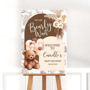 Bearbeitbar We Can BearlyWait Babyparty Willkommensschild, Geschlechtsneutraler Bärenballon Babypartyplakat, Boho Bärn-Babypartydekor BBT3