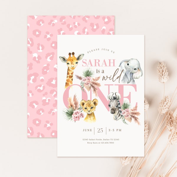 Editable Girl Boho Wild One Birthday Invitation, Jungle Safari Animals Party Invite, Pink Blush Floral 1st Birthday Printable WILD005