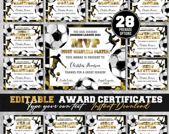 Könnte beinhalten: Bearbeitbare Fußball-Auszeichnungen mit goldenen und schwarzen Akzenten. Die Zertifikate zeigen ein Fußball-Design und den Text "The Goal Seekers Jhonson League 2023 MVP (Most Valuable Player)".