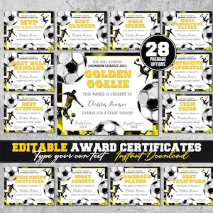Bearbeitbare Fußballpreis-Urkunde Saisonende-Fußball-Preiszeremonie-Urkunde Fußball-Team-Party druckbare Fußball-Dekor-Spieldiplom