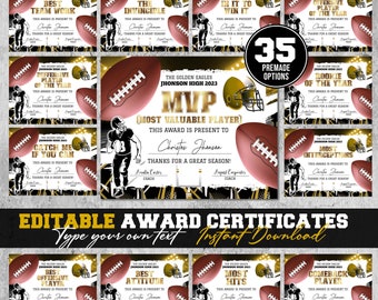 Editable Football Award Certificate Award Ceremony Certificate End of Season Football Awards Team Party Printables Ceremony gift DIY Diploma