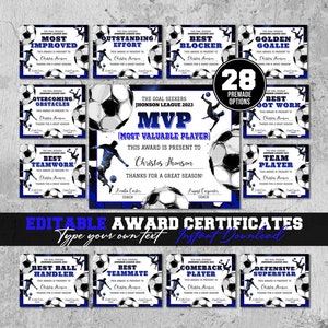 Bearbeitbare Fußballpreis-Urkunde Saisonende-Fußball-Preiszeremonie-Urkunde Fußball-Team-Party druckbare Fußball-Dekor-Spieldiplom