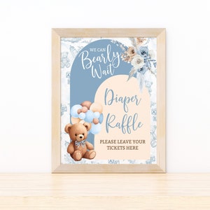 Signe de tombola de couches Nous pouvons attendre à peine une douche de bébé, un signe de billet de couche de douche de bébé d’ours de ballon, un décor de douche d’ours de Boho, un ours de garçon BBT2