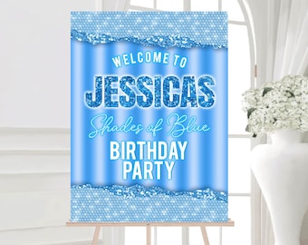 Editable Shades of Blue Welcome Sign Printable Blue Birthday Sign Blue glitter birthday Welcome Board Shades of Blue party decorations