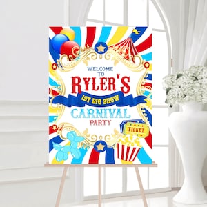 ZIRKUS KARNEVAL Geburtstag druckbar Willkommensschild Vorlage Design bearbeitbares Jahrmarkt buntes Geburtstagsbrett Zeichen bearbeitbares Eingangsschilddekor