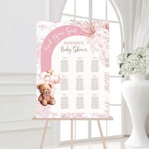 Beer baby shower zitplaatsen grafiek sjabloon roze baby shower Bearly wachten zitplaatsen grafiek teken bewerkbare zitplaatsen grafiek meisje baby shower BPS1