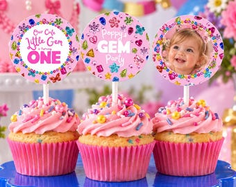 Little Gem First Birthday Cupcake Toppers, Rhinestone Girl Cake Decor