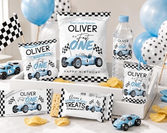 May include: Party supplies with a racing theme, including bags of crisps, water bottles, juice boxes, and treats. The items feature a blue race car graphic and the text "Oliver is a Fast One". Checkered flags and blue balloons are also present.