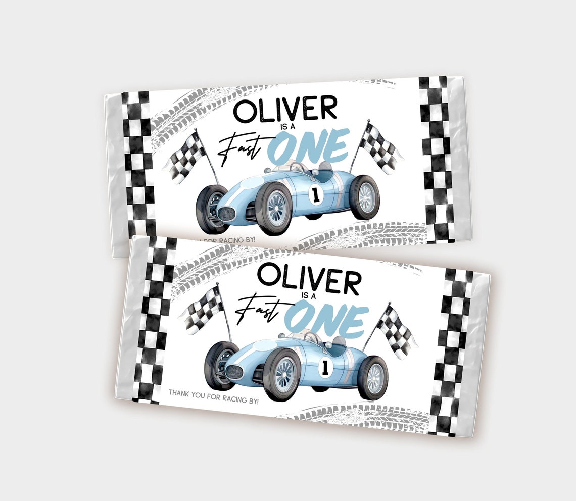 Race Car Chocolate Bar Labels: Fast One Birthday Party Favor (editable ...