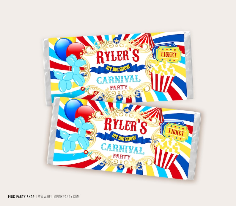Carnival Birthday Party Favors Bundle: Editable Circus Labels Wrappers ...