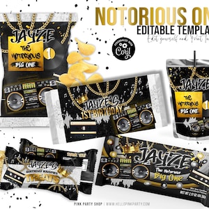 Notorious ONE Birthday Party Favor Bundle: Hip Hop Theme (Corjl Editable Template)