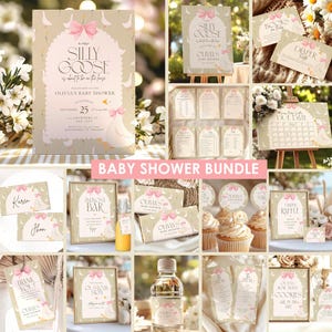 Silly Goose Baby Shower Bundle Editable Template Geese Baby Shower Package Goose Pink Bow for Girl Shower Canva Instant Download CI23