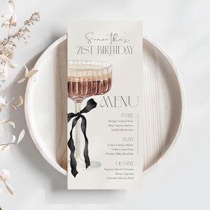Ein etwas älteres Geburtstagsfeier-Menü Bearbeitbares Martini Women's Birthday Food Getränkemenü Black Bow Espresso Martini Canva-Vorlage CI15