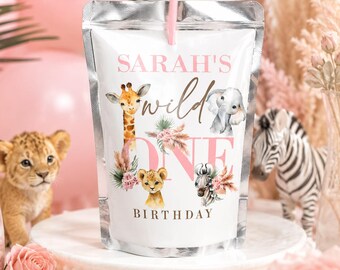 Wild One Safari Birthday Juice Pouch Label: Girl 1st Birthday Jungle (Digital Download) WILD005