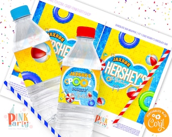 May include: Water bottle labels with a pool party theme. The labels are yellow and blue with a beach ball, pool float, and the text "Jackson's Cool Party 6th Birthday".