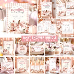 Pink Kürbis Baby Shower Bundle: Blumen Schleife Einladung & Spiele (Digitaler Download) CI51