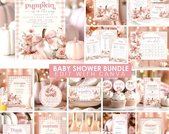 Kit per baby shower a tema zucca rosa: invito con fiocco floreale e giochi (download digitale) CI51