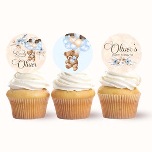 Oso baby shower Cupcake toppers Plantilla imprimible editable Baby Shower oso globos Toppers, cake toppers Osito de peluche Etiquetas de favores editables