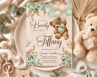 Plantilla editable para invitación de baby shower con temática de osos y estilo bohemio.