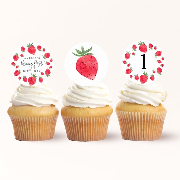 Strawberry Cupcake Toppers, Berry First Birthday, Editable Strawberry Party Decorations, INSTANT DOWNLOAD FB100