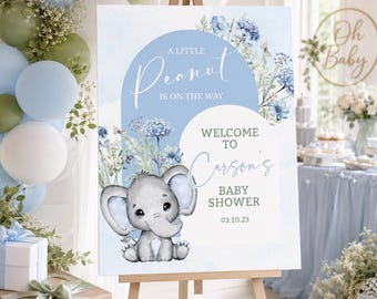 Letrero de bienvenida para baby shower con temática de elefantes: Tema de Blue Little Peanut (Plantilla imprimible) BB363