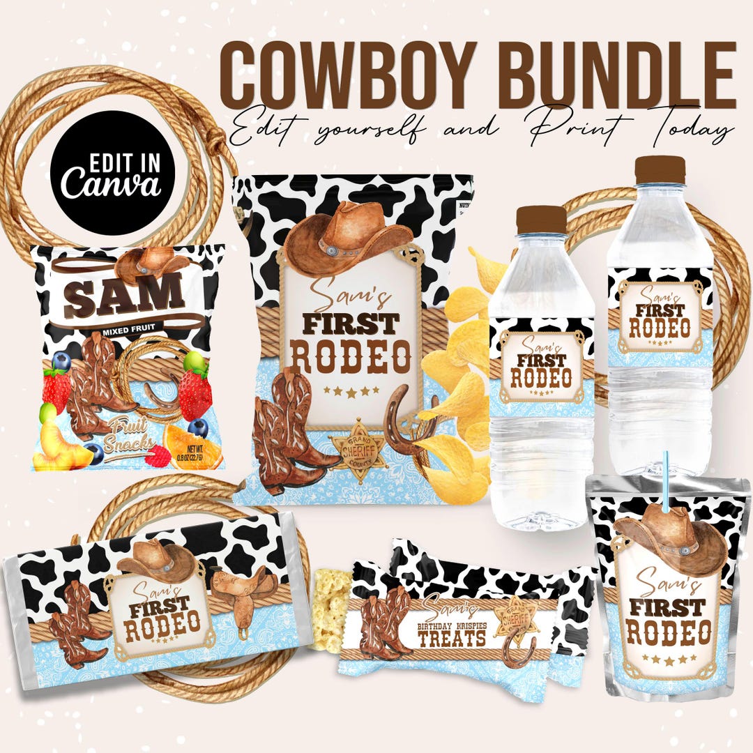 Cowboy 1st Rodeo Party Bundle: Western Editable Labels (digital ...