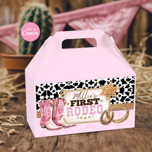 Etiqueta para caja de regalo de cumpleaños de vaquera: Recuerdo de fiesta de rodeo rosa (plantilla editable e imprimible de Canva) CWG1
