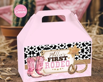 Etiqueta para caja de regalo de cumpleaños de vaquera: Recuerdo de fiesta de rodeo rosa (plantilla editable e imprimible de Canva) CWG1