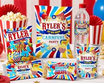 Carnival Birthday Party Favors Bundle: Editable Circus Labels wrappers (Digital Download)