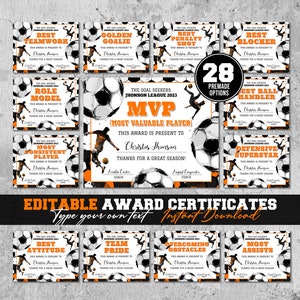 Bearbeitbare Fußballpreis-Urkunde Saisonende-Fußball-Preiszeremonie-Urkunde Fußball-Team-Party druckbare Fußball-Dekor-Spieldiplom