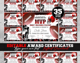 Editable Football Award Certificate Award Ceremony Certificate End of Season Football Awards Team Party Printables Ceremony gift DIY Diploma