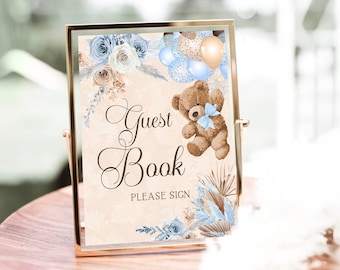 Blue Bear Baby Shower Guest Book Sign: Boho Decor (Digital Download) TB12