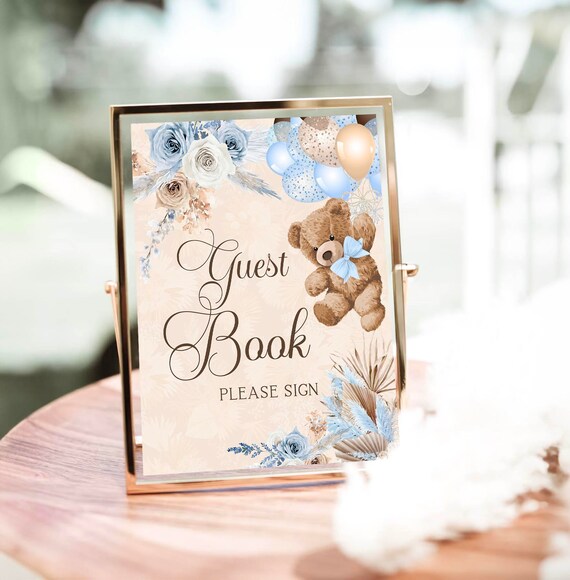 Libro Degli Ospiti Per Baby Shower A Tema Orsacchiotto - We Can Bearly Wait - Cornice In Legno 3D Con Finestra Per Ecografia E Scatola Cuori In Legno Per Firma Ospiti - Decorazione Bosco - 5