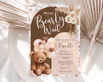 Bearbeitbar Wir können Bären-Babyparty-Einladung warten, Geschlechtsneutraler Bärn-Ballon-Babyparty einladen, Boho Bärn-Babyparty-Einladung BBT3