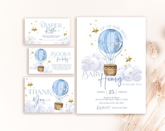 Hot Air Balloon Baby Shower Invitation Bundle: Books Diaper Raffle Editable Template BS368