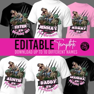 Jurassic Birthday Party T-Shirt Design Text bearbeitbare Vorlage Rosa Dinosaurier Shirt Printable Design dtf sublimation design T-Shirt Design
