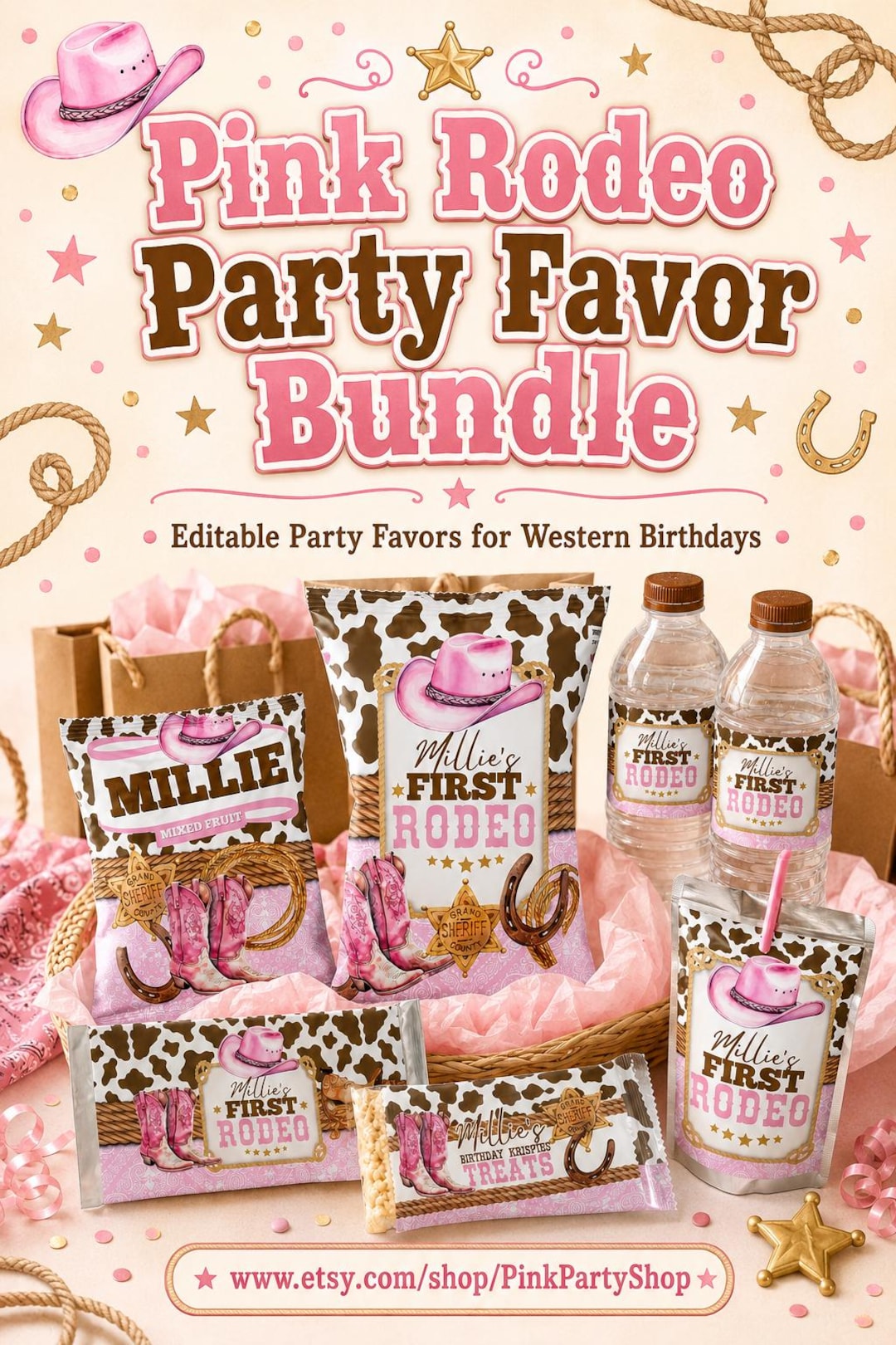 Cowgirl 1st Rodeo Birthday Party Bundle: Editable Pink Western Labels ...