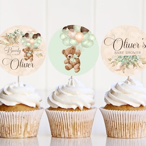 Bear baby shower Cupcake toppers Editable Printable template Baby Shower bear balloons Toppers, cake toppers Teddy bear Editable favors tags