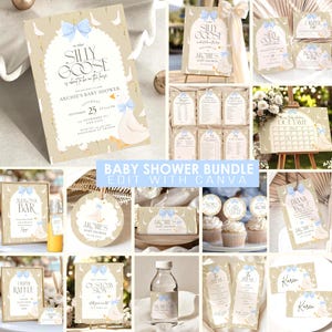 Silly Goose Baby Shower Bundle: Blue Bow, Editable Canva Template (Digital Download)