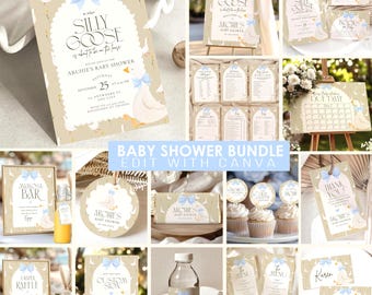 Silly Goose Baby Shower Bundle: Blue Bow, Editable Canva Template (Digital Download)