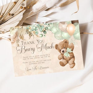 Bär Boho Baby shower Danke Kartenvorlage Bearbeitbarer Bär Baby shower Danke Hinweis Printable Bär Warten Sage Pampas Danke Karte