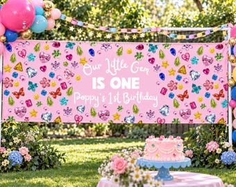 Little Gem First Birthday Backdrop Banner, 72x24 Girl Party Decor
